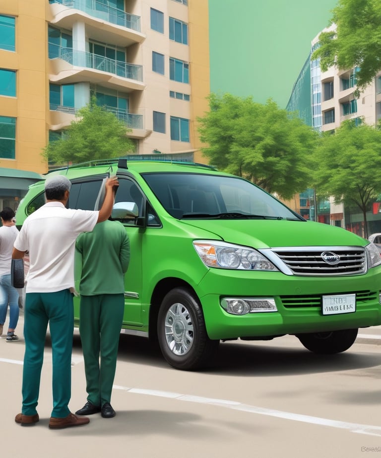 A person wearing a red coat and hat is using a red walker to navigate on a city street. Surrounding the individual are several traffic cones and moving vehicles. The scene suggests urban traffic and mobility assistance.