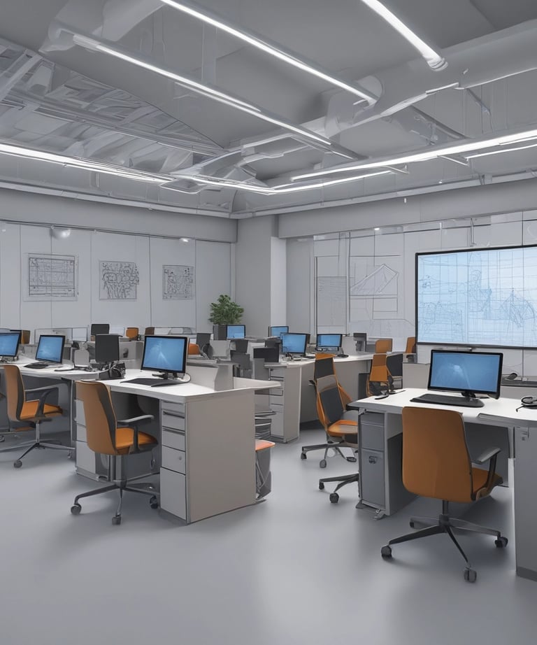 A laptop resting on a wooden table displays a graphic design software with a black card featuring a letter 'C' and a QR code. The background reveals a modern cafe setting with cushioned chairs, wooden tables, and soft lighting, all contributing to a cozy atmosphere.