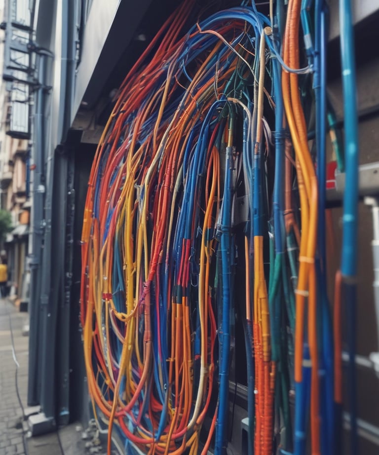 A close-up view of a sound or patch panel filled with numerous small connectors or jacks, intertwined with several colored wires including red, blue, black, and green. The background is filled with multiple similar connectors, creating a dense and complex texture.