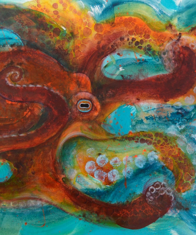 Vibrant abstract octopus painting featuring orange and red tentacles against a textured blue background.