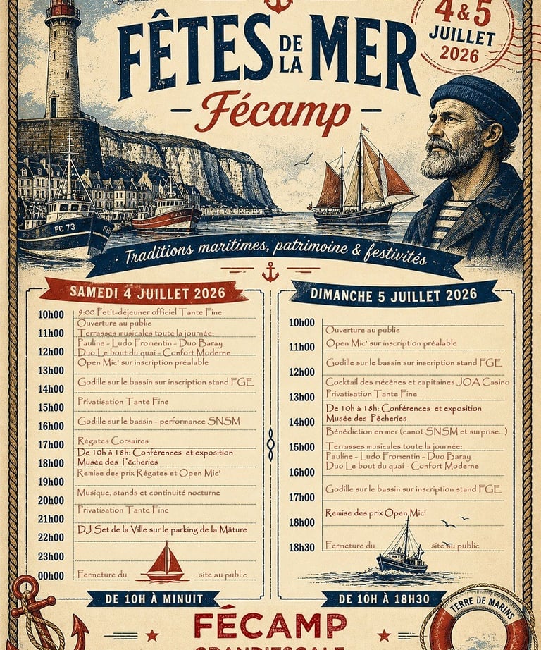 Vintage poster for Fêtes de la Mer in Fécamp featuring a lighthouse, old fishing boats, and a bearded sailor.