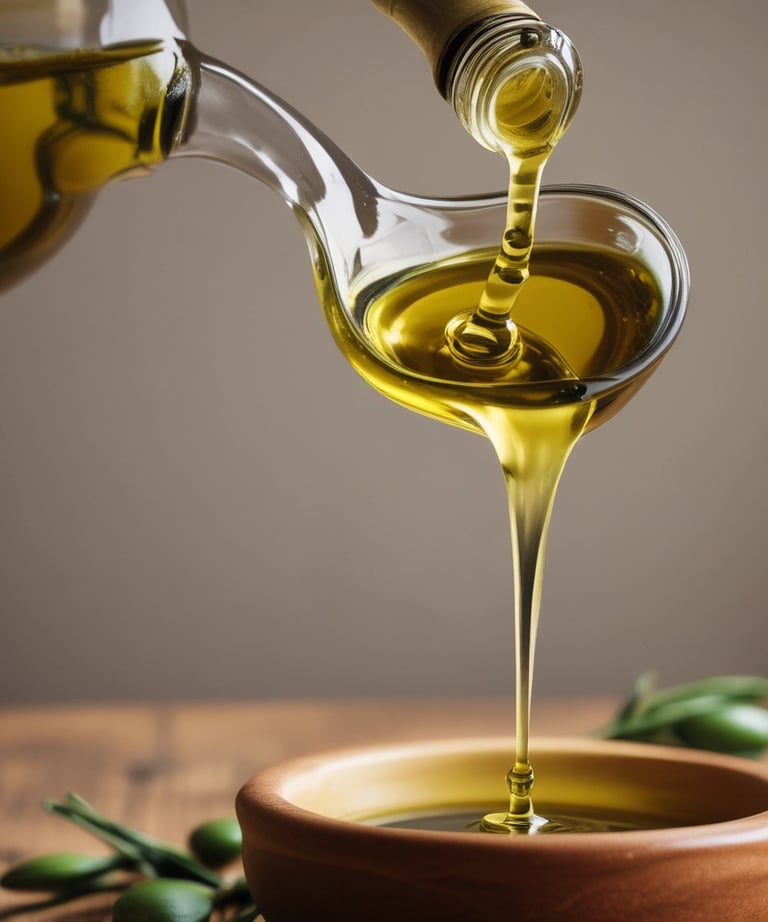Bottles of golden olive oil lined up on a wooden shelf in a bright warehouse.