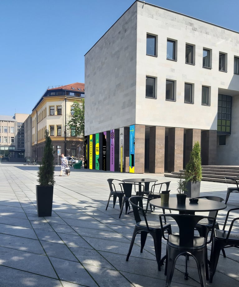 Colourful external banner on the columns of the Žilinskis building.