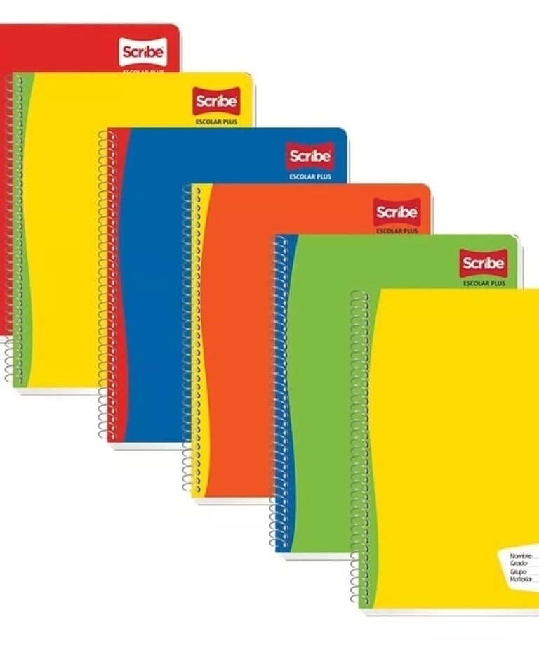 a set of five spiral bound notebooks with a note pad