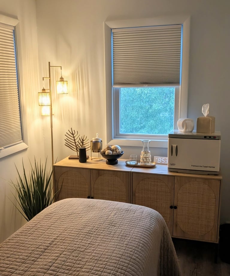 a cozy room with a massage table