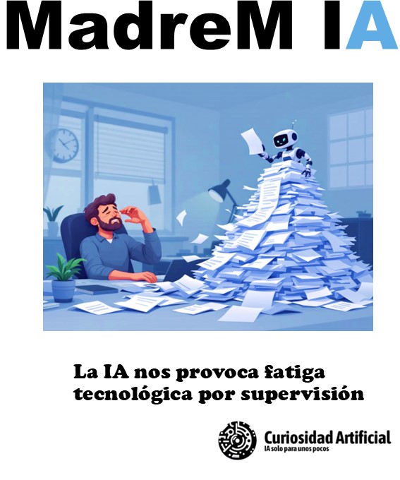 Persona agotada en su escritorio ante una pila de papeles generadas por la IA.
