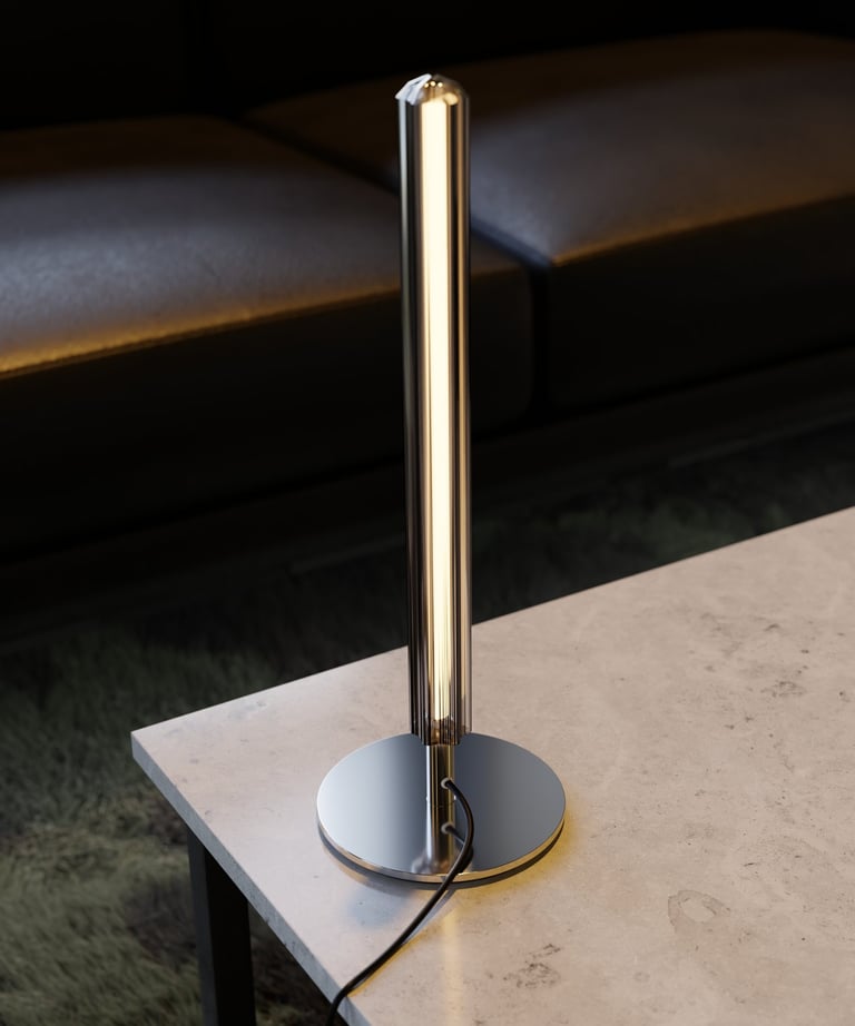 Lampe design chromée posée sur une table en pierre claire devant un canapé noir, rendu 3D moderne et minimaliste.