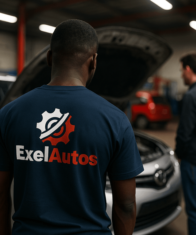 Mécanicien ExelAutos inspectant un moteur de voiture dans l’atelier auto à Vincennes