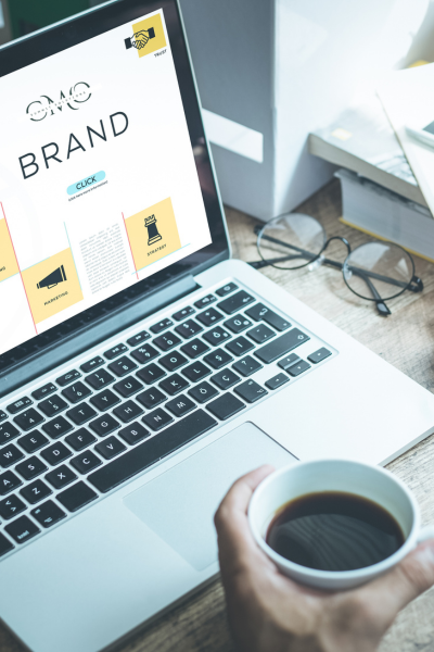 Laptop open with brand written on the screen