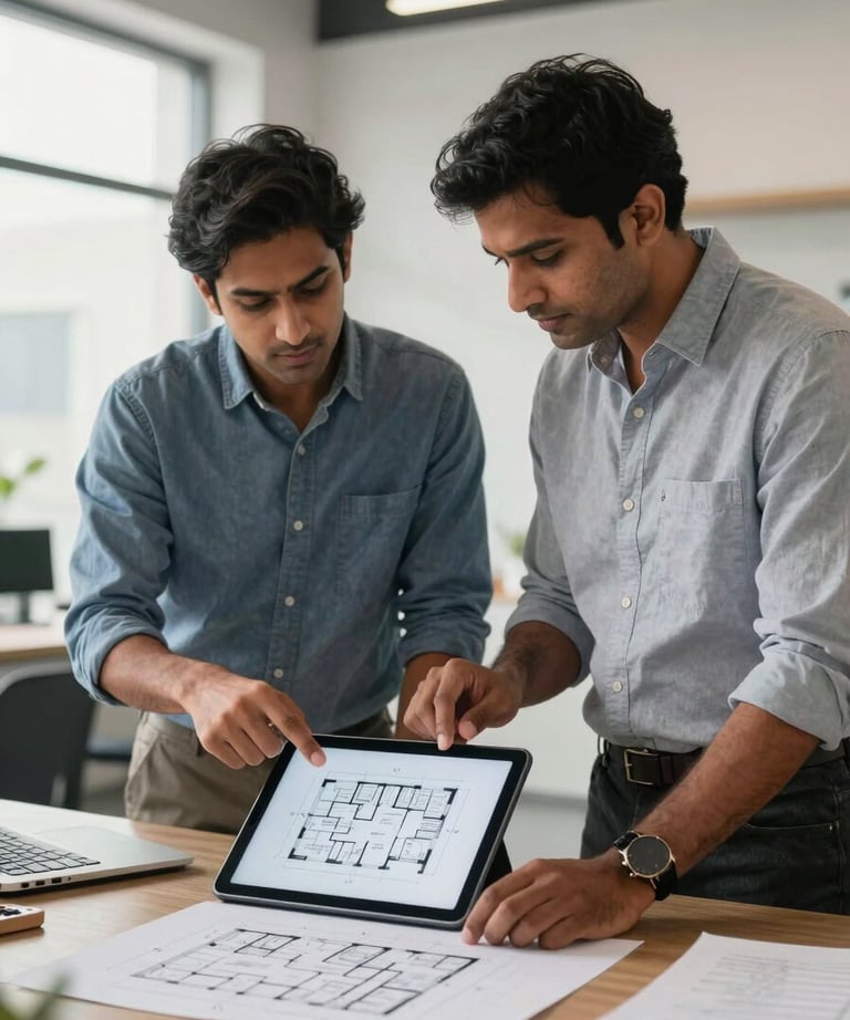 An interior designer and a civil contractor reviewing floor plans on a digital tablet in a bright, modern office space in Faridabad. South Asian / Indian setting.