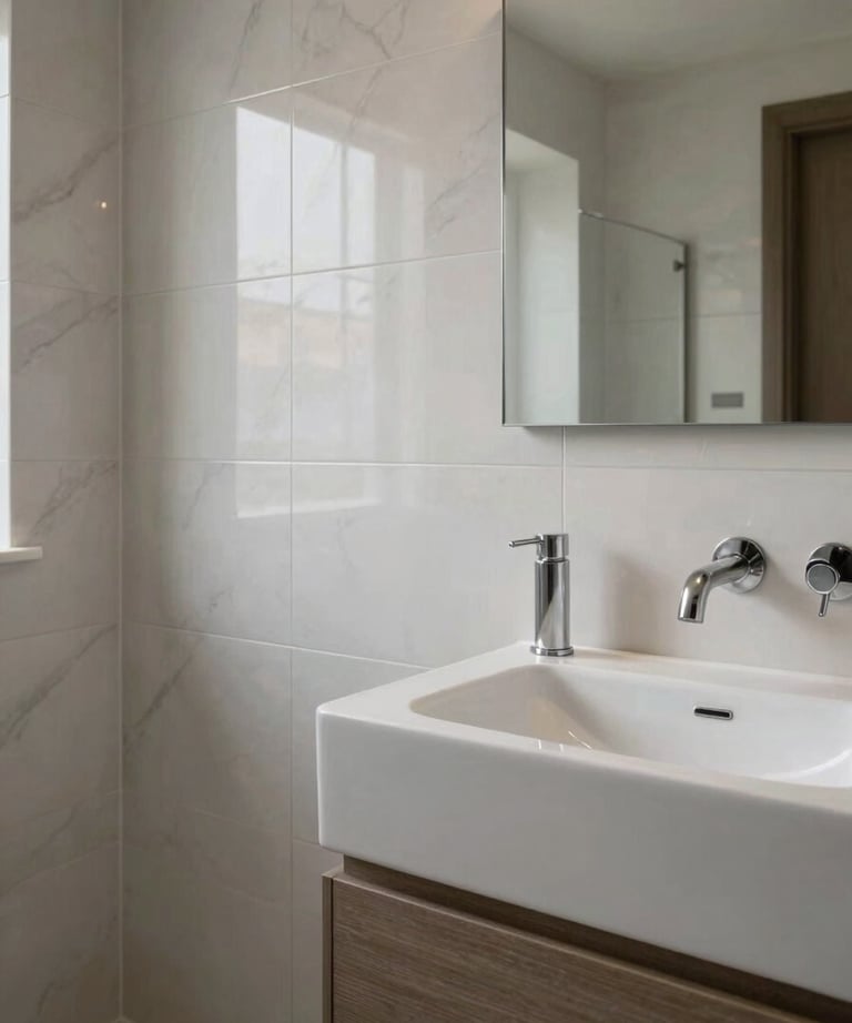 A luxury bathroom renovation featuring premium tiles and modern fixtures. High-quality workmanship in a contemporary South Asian / Indian home.