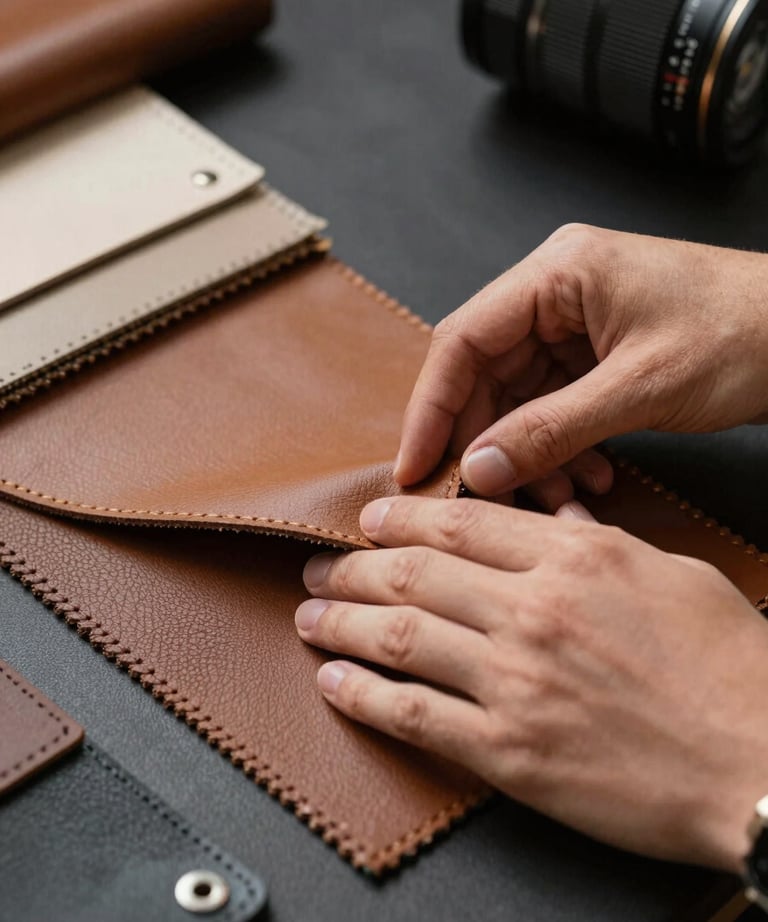 A close-up of a designer's hand selecting leather samples and fabric swatches in a professional studio setting, focusing on rich textures and neutral colors.