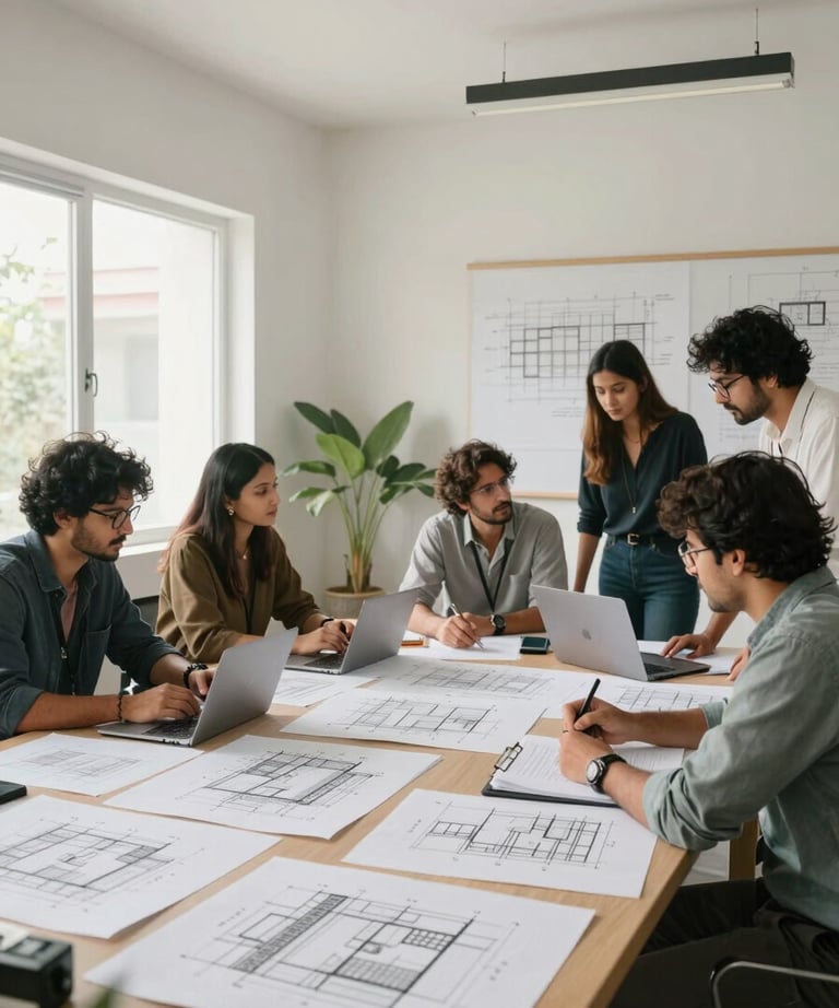 A bright and airy studio space in Faridabad with architectural drawings spread out and a professional team collaborating.