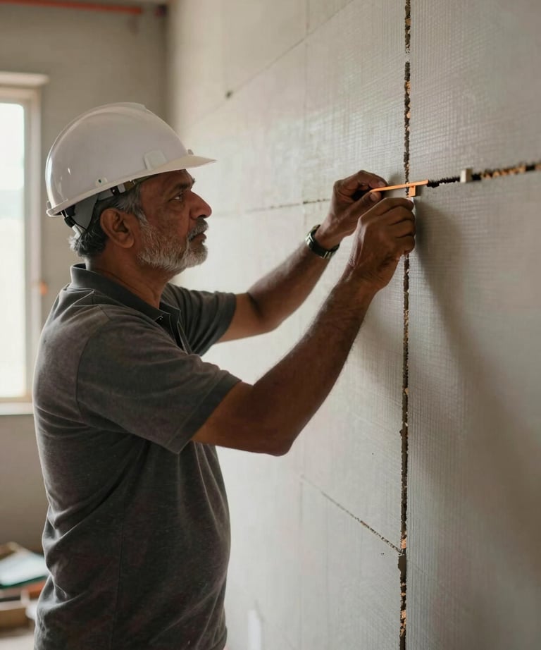 A senior civil contractor in a South Asian / Indian setting, overseeing the precision of a wall cladding installation at a high-end site.