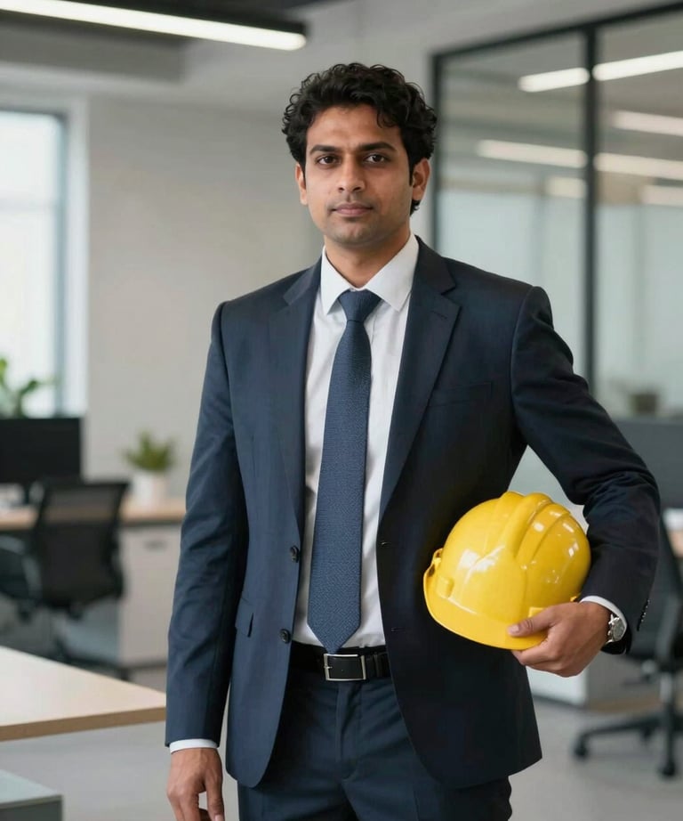 Portrait of a lead project manager in professional attire, holding a site safety helmet, standing in a contemporary finished office space in Gurgaon.