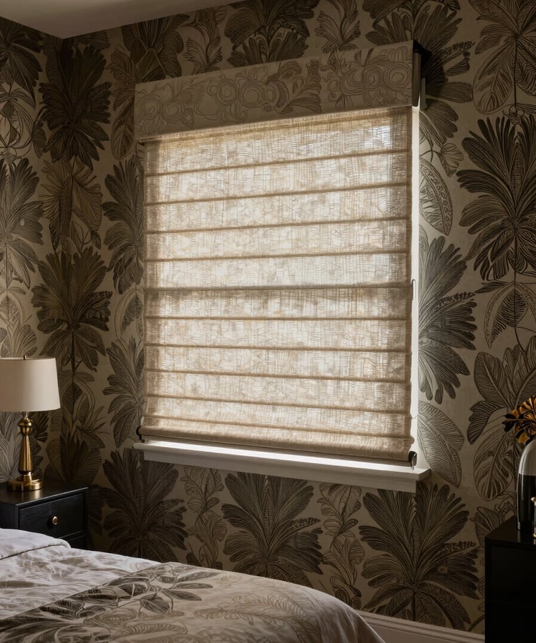 A modern master bedroom featuring designer wallpaper and elegant blinds. The lighting is soft and moody, emphasizing the South Asian / Indian luxury context.