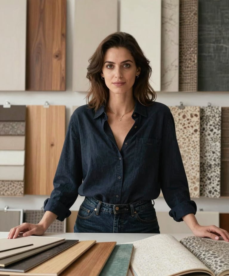 Portrait of a female interior designer in a modern studio environment, surrounded by material samples like wood, fabric, and wallpaper.