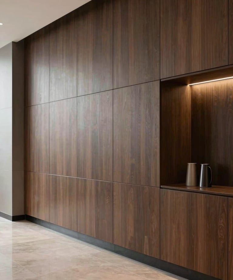 A stylish corporate lobby in Gurgaon featuring elegant wall cladding and high-performance HPL work. South Asian / Indian professional environment, clean lines, muted brown tones.