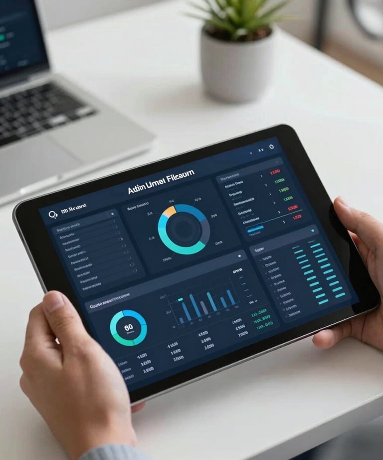 A close-up of a tablet screen displaying sophisticated data analytics dashboards, held by a professional in a modern office, crisp white and slate blue colors.