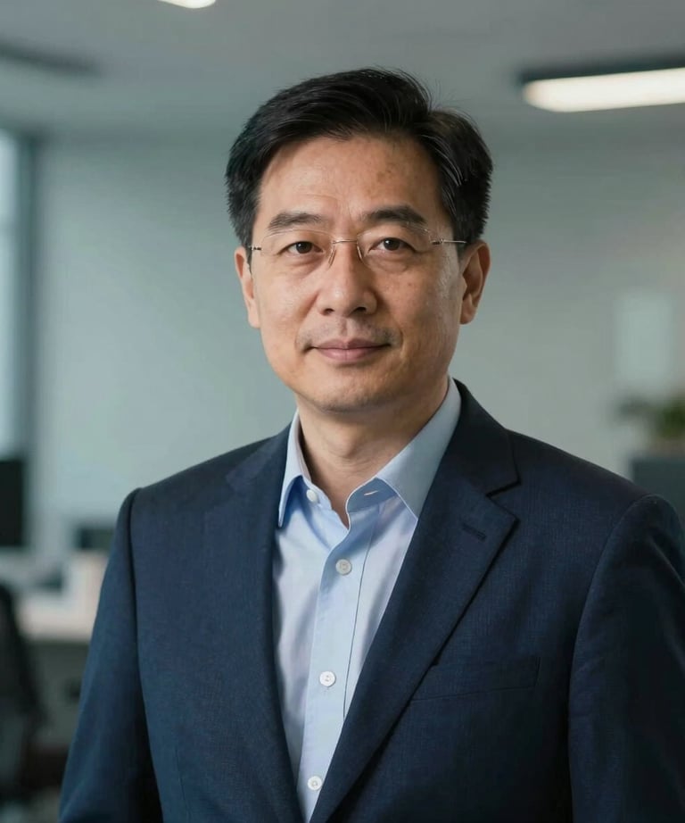 Professional headshot of a data scientist in a corporate setting, soft teal and deep navy blue color tones.