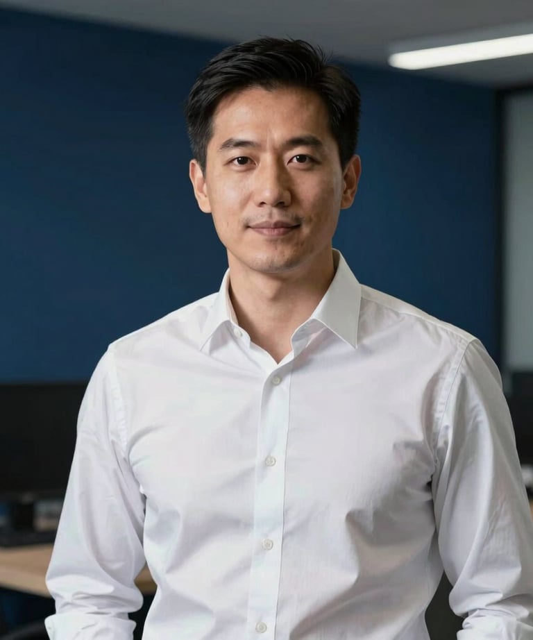 Professional headshot of a software architect in a sleek North American / US corporate office, crisp white shirt, dark navy blue background.