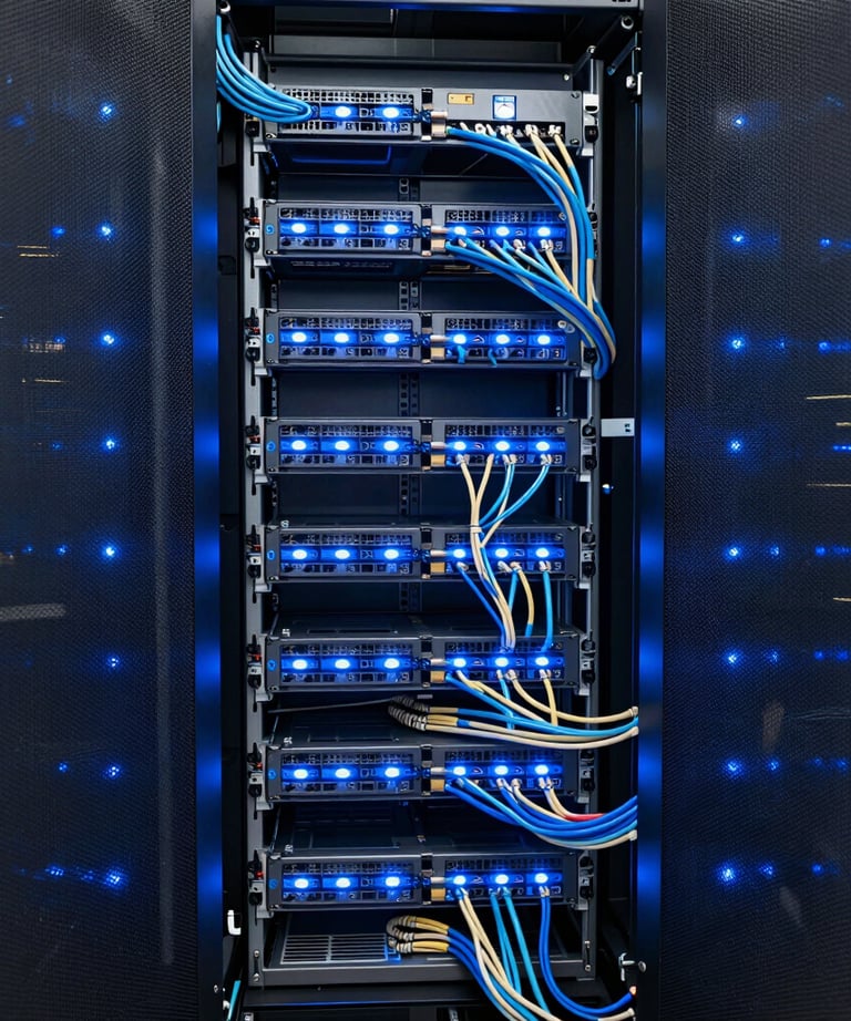 A sprawling corporate server room, perfectly organized cables, glowing slate blue lights indicating high-speed data transfer and cloud efficiency.