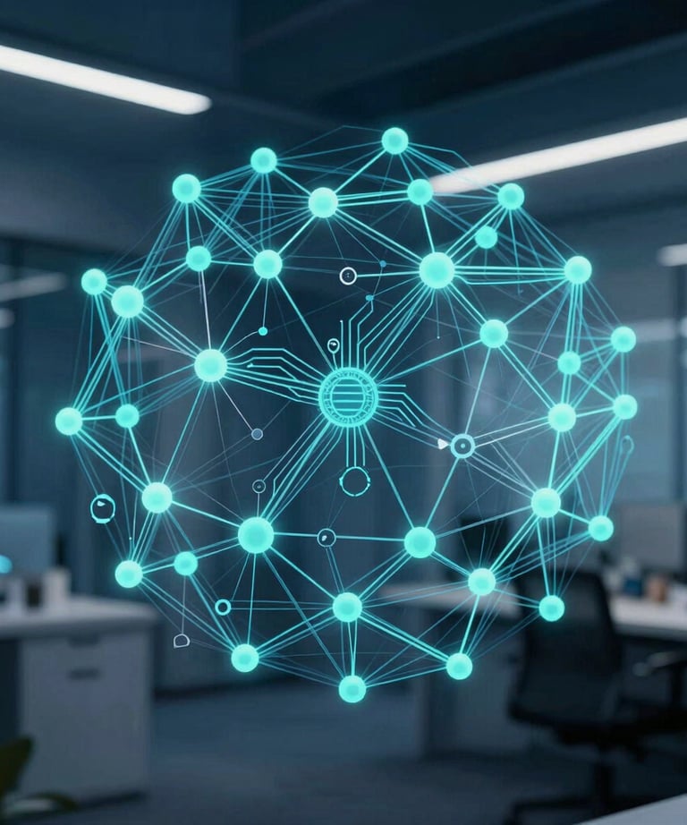 A modern abstract visualization of artificial intelligence and machine learning networks in a corporate environment, utilizing deep navy blue and soft teal.