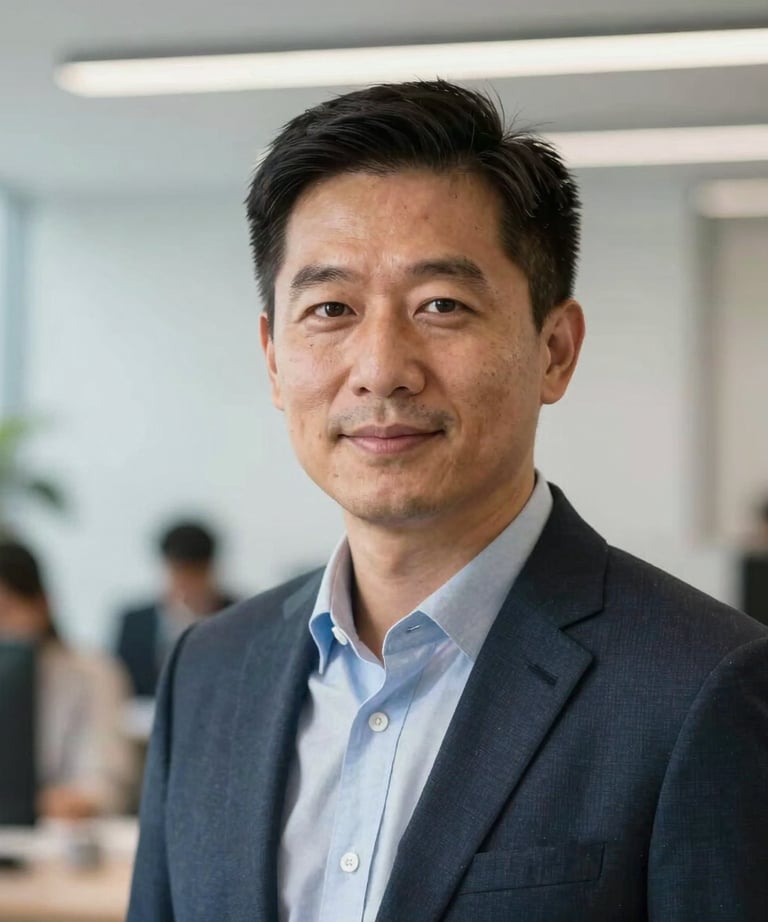 Headshot of a project manager in a well-lit modern corporate environment, North American / US office setting.
