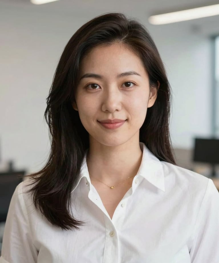 Professional headshot of a UX designer in a bright, modern studio in North America / US, crisp white attire.