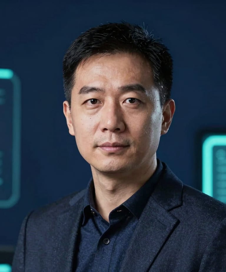 Headshot of a cybersecurity expert in a sleek corporate environment, dark navy blue background with soft teal accents.