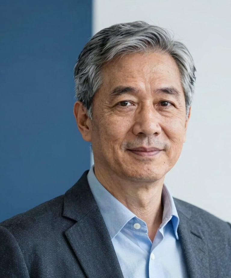 Headshot of a senior systems engineer in a modern corporate setting, slate blue and crisp white background.