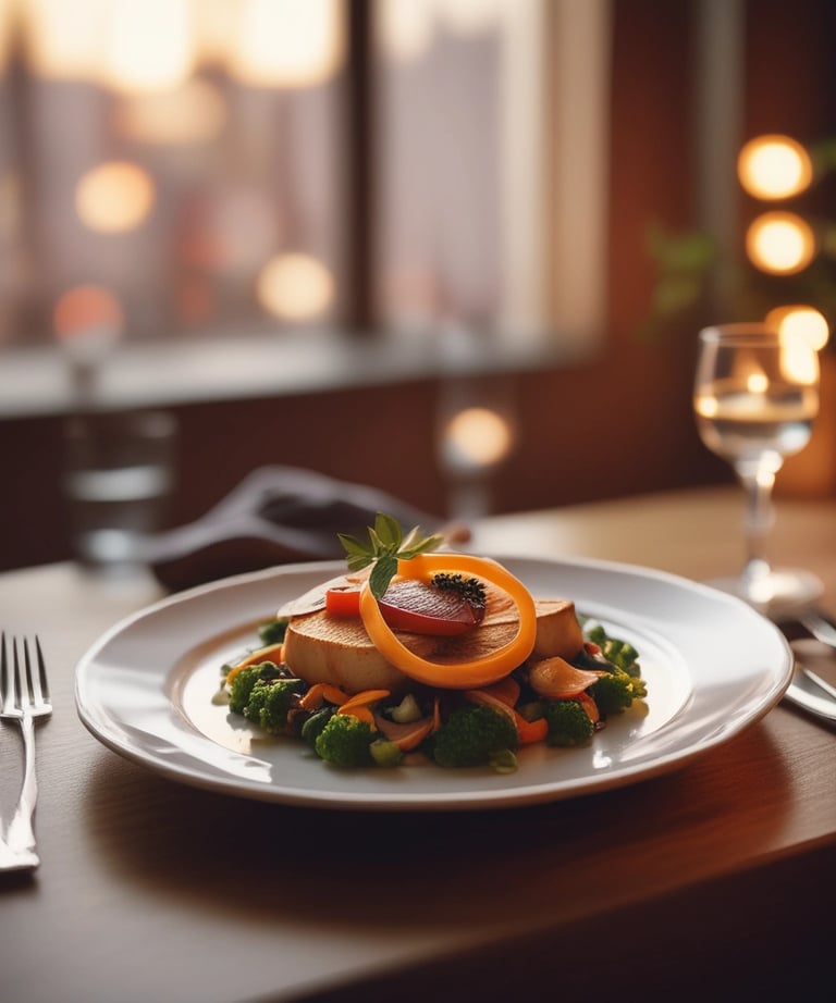 A warmly lit, stylish restaurant interior featuring wooden tables and chairs lined up along a long bench seat that is adorned with colorful pillows. The space has a modern, industrial aesthetic with exposed brick walls and a large shelf filled with wine bottles and jars. The ceiling is made of glass and steel beams, allowing natural light to illuminate the room, and plant arrangements add a touch of greenery.