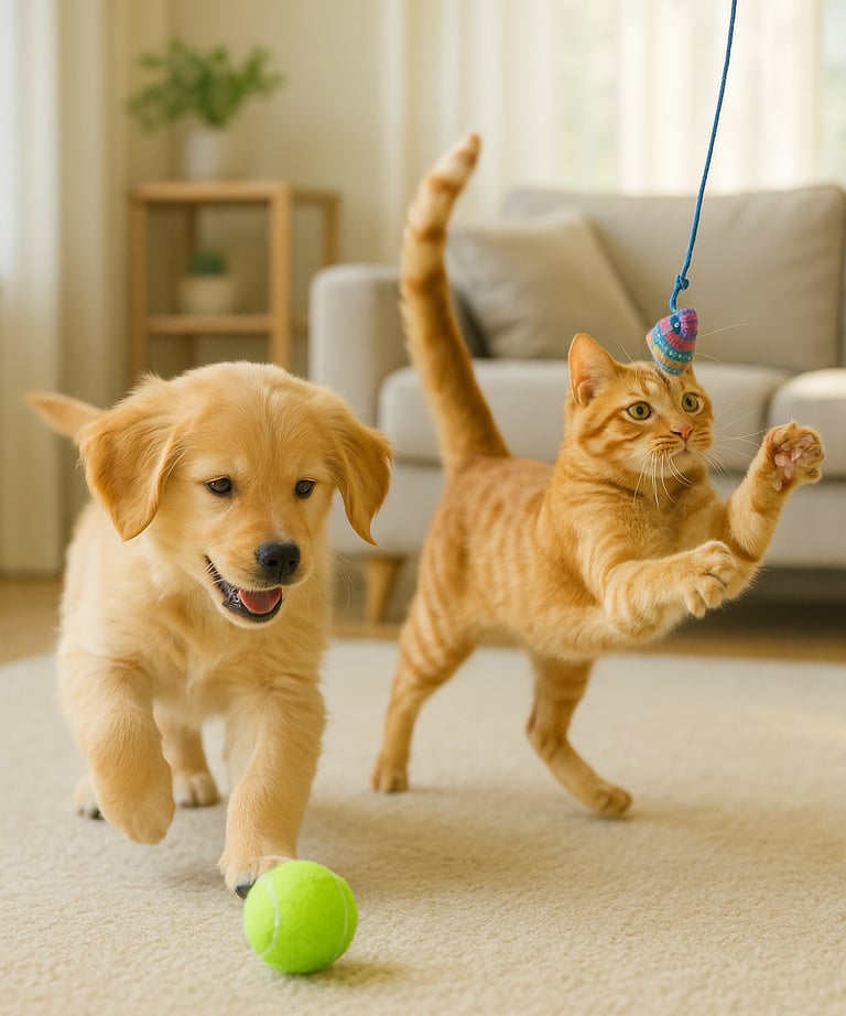 a cat and a dog playing with a ball