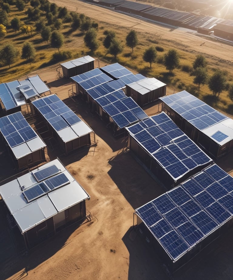 A series of solar panels laid out on a wooden deck are connected to a portable power station. The setup overlooks a scenic landscape featuring lush green fields, trees, and a few rustic houses in the background, suggesting a rural or countryside setting.