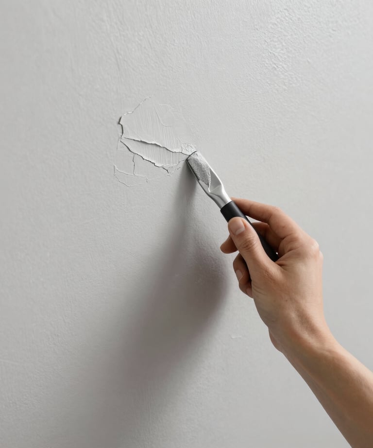 Close-up of hands using a paintbrush on a freshly sanded wall.
