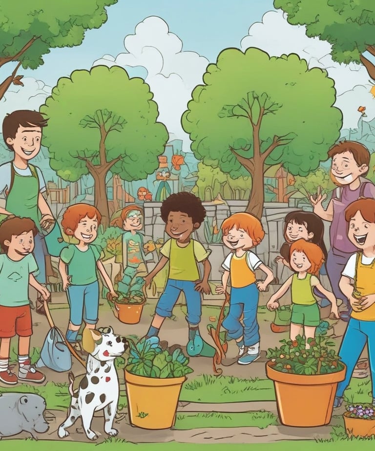 Children happily creating crafts outdoors surrounded by nature.