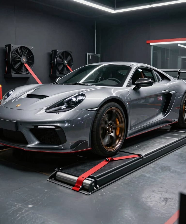A high-end sports car on a 4WD chassis dynamometer (dyno) in a dark, professional tuning studio in Poland. Red straps and fans visible, high energy, motion blur on wheels.