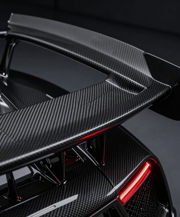 Close-up of a carbon fiber aerodynamic wing on the back of a performance car. Dark red lighting accents, high detail, luxury feel.