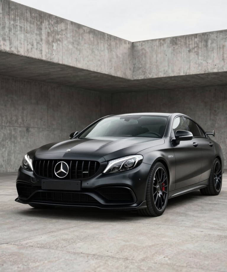 Front 3/4 view of a modified Mercedes-AMG C63 in matte black paint, parked in a minimalist concrete architectural space in Poland. Soft daylight, aggressive stance.