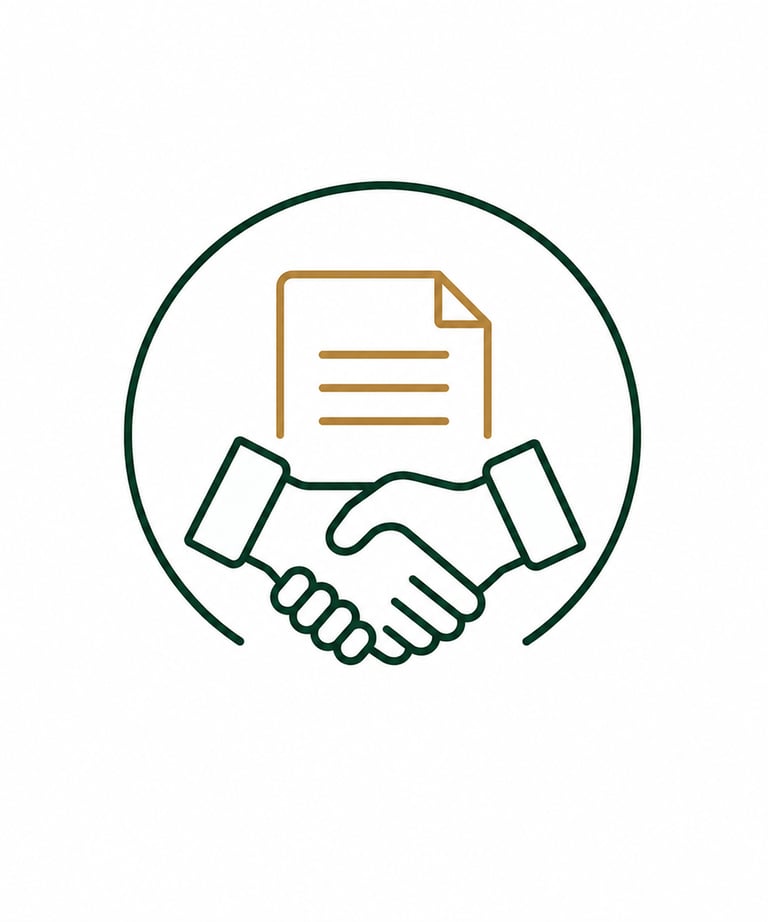 Business handshake icon with a document symbol representing a signed legal contract or partnership agreement.