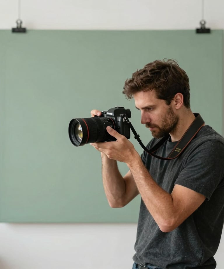 A photographer in a minimalistic Durban studio adjusting a high-end camera. The background is clean and features a large sage green canvas. Authentic, South African professional atmosphere.
