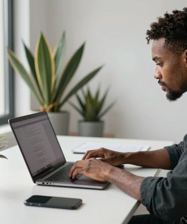 A creative designer working on a laptop in a bright office space in Windermere, Durban. Minimalist desk setup with South African botanical plants.