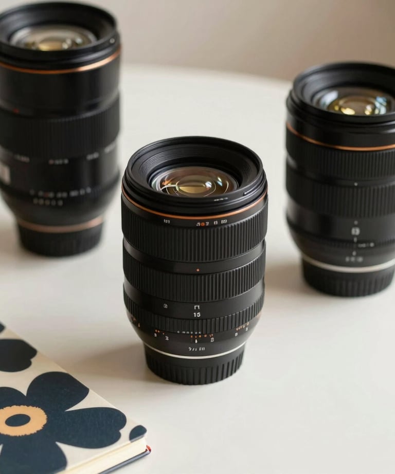 A close-up of professional photography lenses and a Marimekko-patterned notebook on a clean off-white desk. High-quality, sophisticated style.