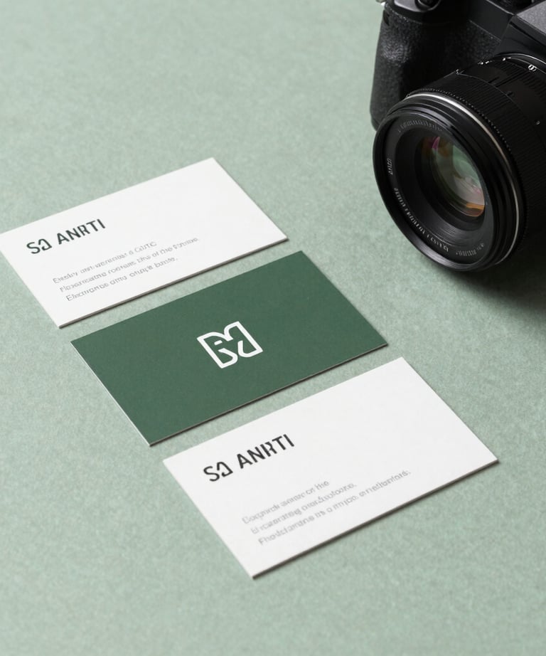 A minimalist flat-lay of branding materials, including business cards and a camera, on a light green surface. Sophisticated and clean.