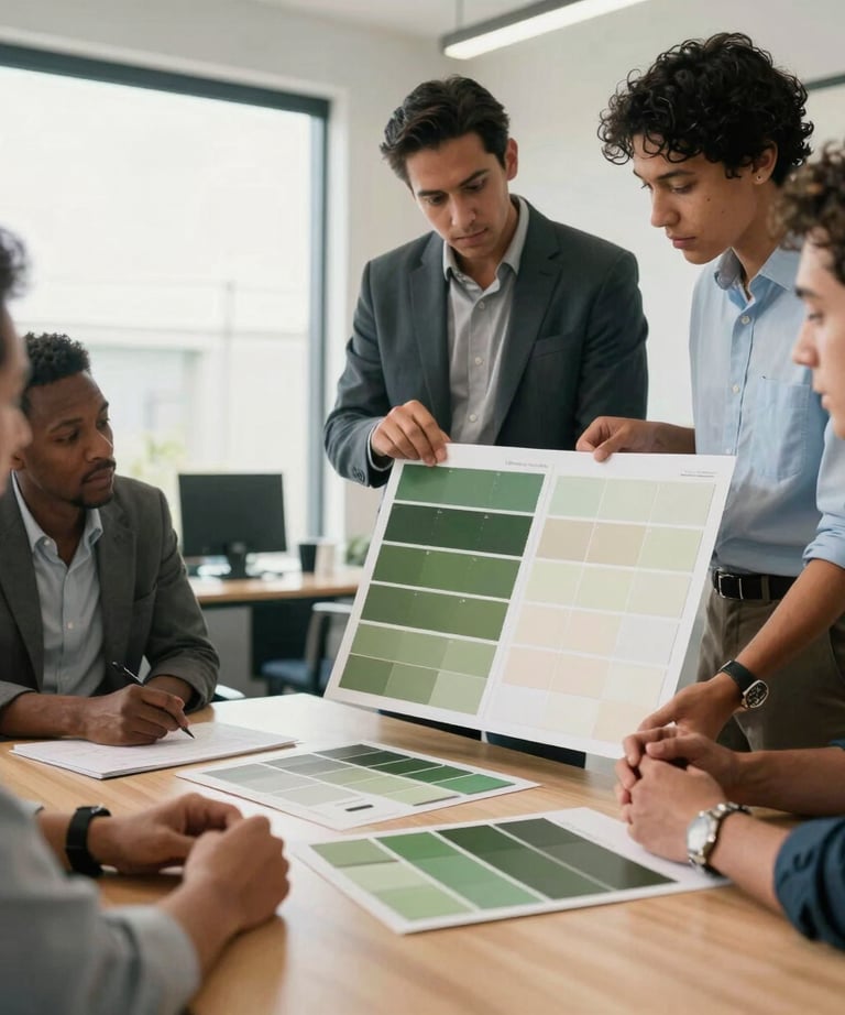 A candid shot of a branding meeting in a light-filled South African office. The team is looking at moodboards with olive green and cream swatches. Professional and collaborative.