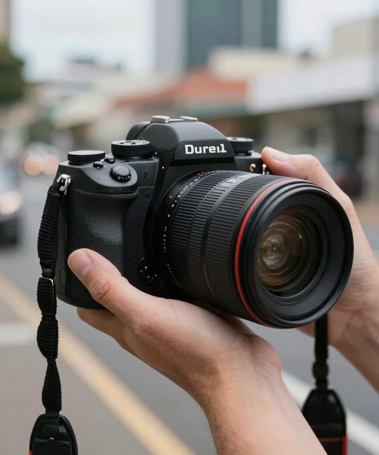 A shot of a photographer's hand holding a high-end camera, with a blurred background of a Durban street scene. Authentic, high-quality Pexels-style imagery.