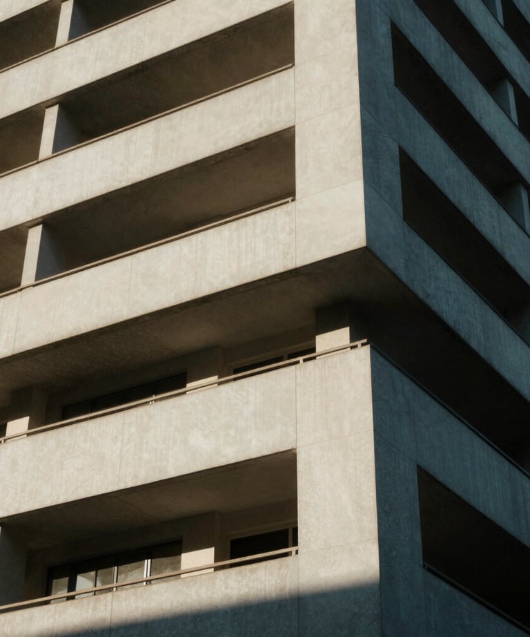 An architectural detail shot of a Durban building featuring clean lines and natural shadows. Authentic, South African urban photography.