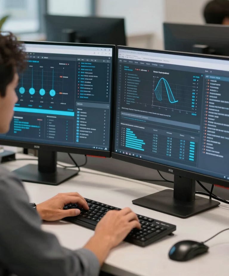 Medium shot of a professional at a desk with two monitors in a North American office, focusing on a complex interface with blue and grey data visualizations.