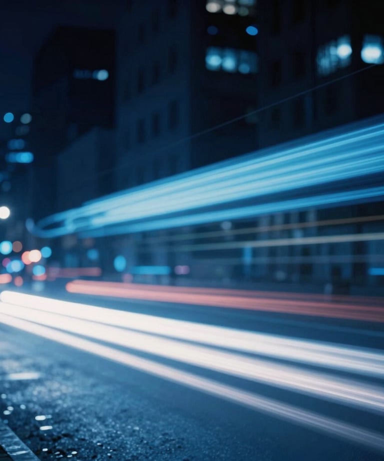 Abstract photography of motion-blurred lights in a city at night, deep blue and ice blue streaks, energetic and professional, North American / US.