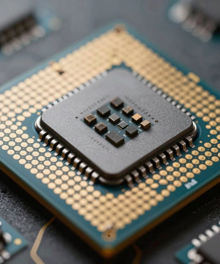 Microscopic photography of a processor chip, gold and blue highlights, high-tech aesthetic, North American / US, sharp focus.